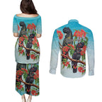 Australia Black Cockatoo and Eucalyptus Couples Matching Puletasi and Long Sleeve Button Shirt Blue Spirit of Aussie Native Bird - Aussie Hoodie