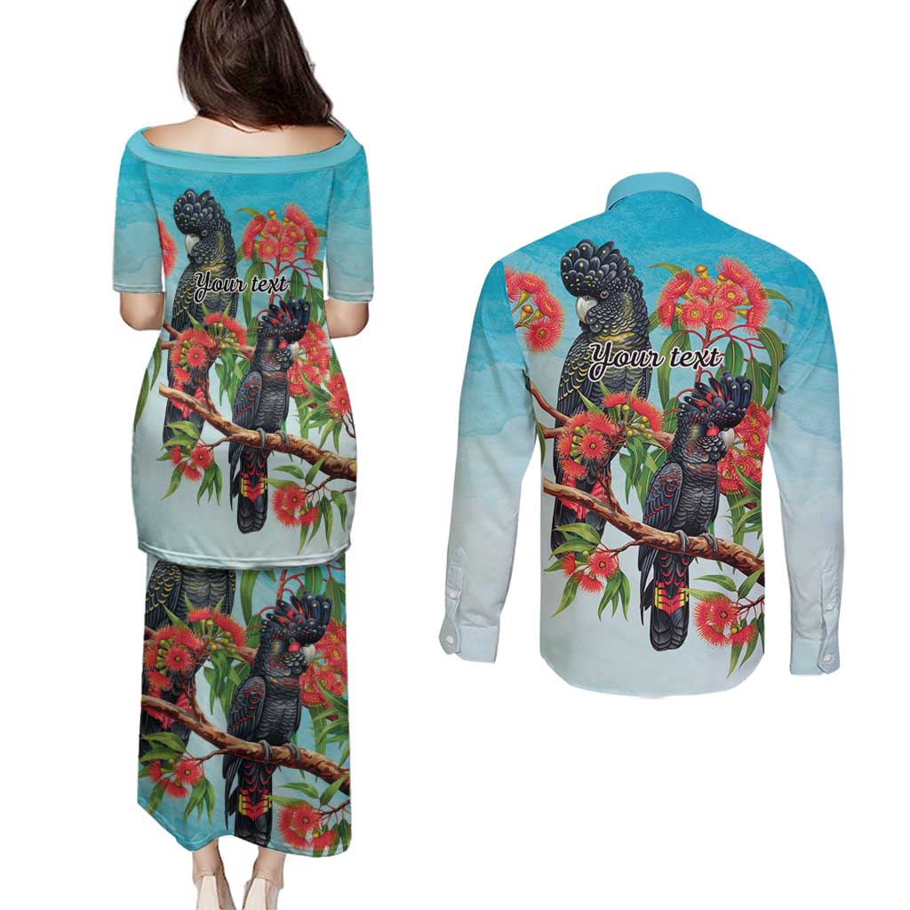 Australia Black Cockatoo and Eucalyptus Couples Matching Puletasi and Long Sleeve Button Shirt Blue Spirit of Aussie Native Bird - Aussie Hoodie