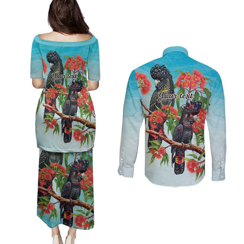 Australia Black Cockatoo and Eucalyptus Couples Matching Puletasi and Long Sleeve Button Shirt Blue Spirit of Aussie Native Bird - Aussie Hoodie