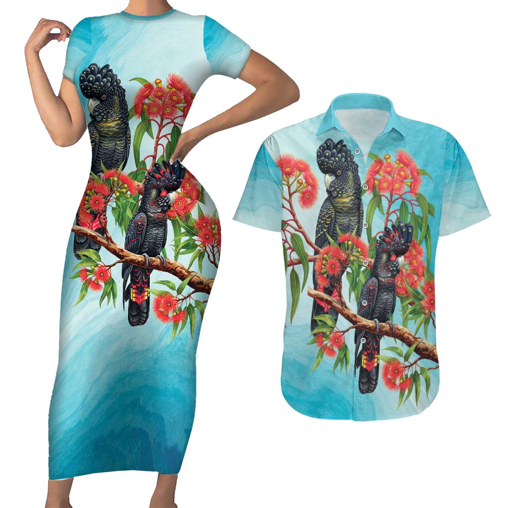 Australia Black Cockatoo and Eucalyptus Couples Matching Short Sleeve Bodycon Dress and Hawaiian Shirt Blue Spirit of Aussie Native Bird - Aussie Hoodie