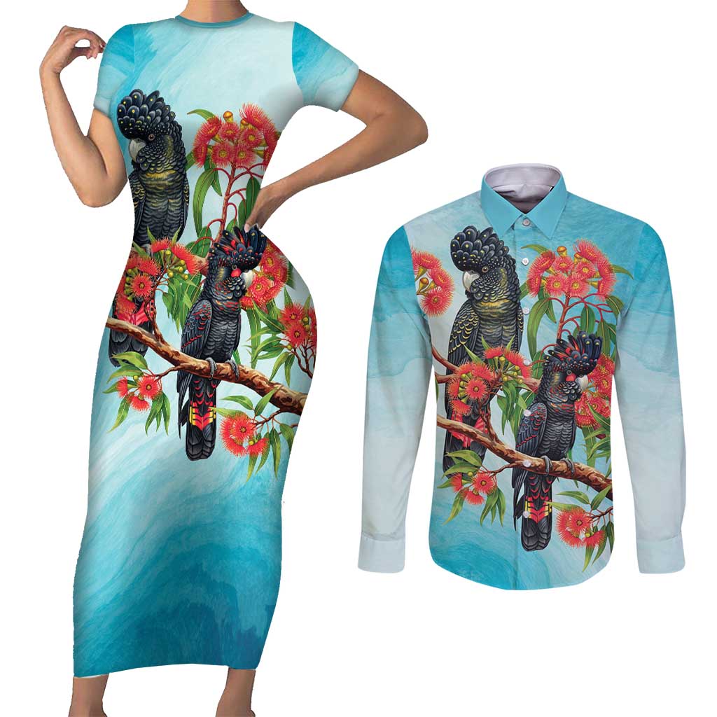 Australia Black Cockatoo and Eucalyptus Couples Matching Short Sleeve Bodycon Dress and Long Sleeve Button Shirt Blue Spirit of Aussie Native Bird - Aussie Hoodie