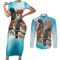 Australia Black Cockatoo and Eucalyptus Couples Matching Short Sleeve Bodycon Dress and Long Sleeve Button Shirt Blue Spirit of Aussie Native Bird - Aussie Hoodie