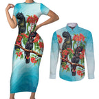 Australia Black Cockatoo and Eucalyptus Couples Matching Short Sleeve Bodycon Dress and Long Sleeve Button Shirt Blue Spirit of Aussie Native Bird - Aussie Hoodie