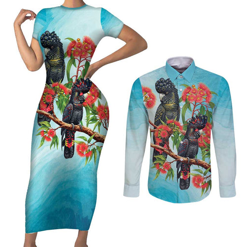 Australia Black Cockatoo and Eucalyptus Couples Matching Short Sleeve Bodycon Dress and Long Sleeve Button Shirt Blue Spirit of Aussie Native Bird - Aussie Hoodie
