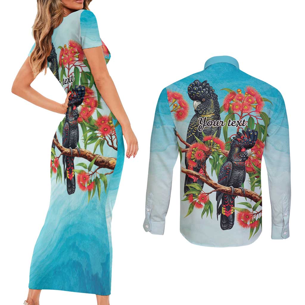 Australia Black Cockatoo and Eucalyptus Couples Matching Short Sleeve Bodycon Dress and Long Sleeve Button Shirt Blue Spirit of Aussie Native Bird - Aussie Hoodie