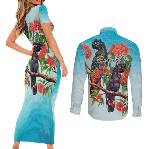 Australia Black Cockatoo and Eucalyptus Couples Matching Short Sleeve Bodycon Dress and Long Sleeve Button Shirt Blue Spirit of Aussie Native Bird - Aussie Hoodie