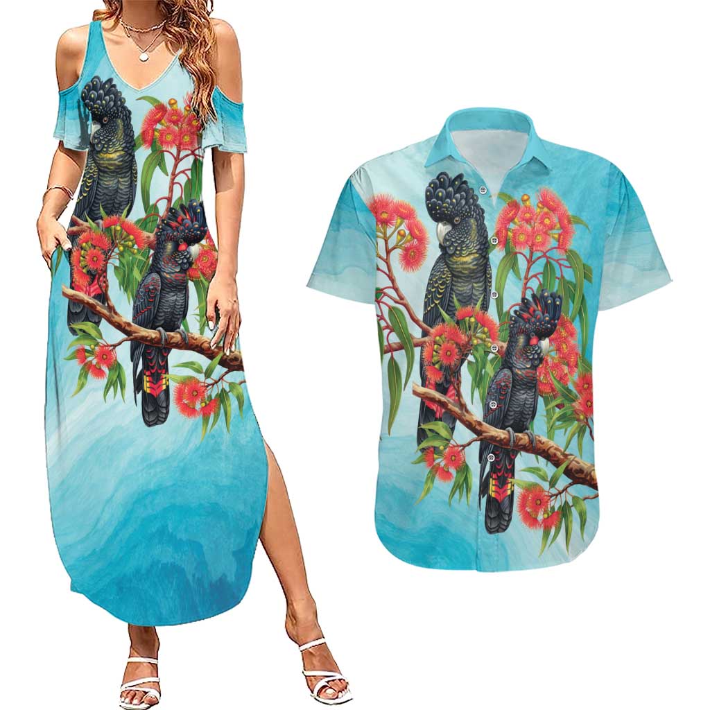 Australia Black Cockatoo and Eucalyptus Couples Matching Summer Maxi Dress and Hawaiian Shirt Blue Spirit of Aussie Native Bird - Aussie Hoodie