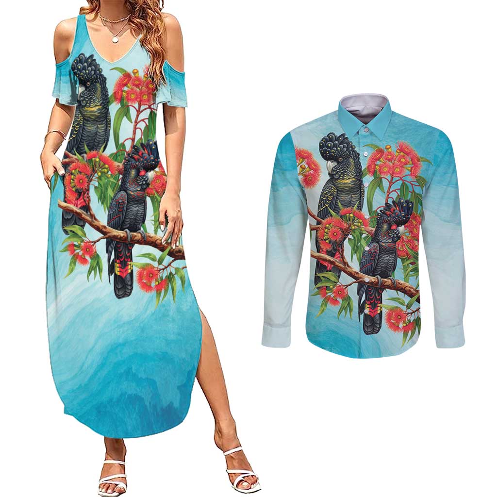 Australia Black Cockatoo and Eucalyptus Couples Matching Summer Maxi Dress and Long Sleeve Button Shirt Blue Spirit of Aussie Native Bird - Aussie Hoodie