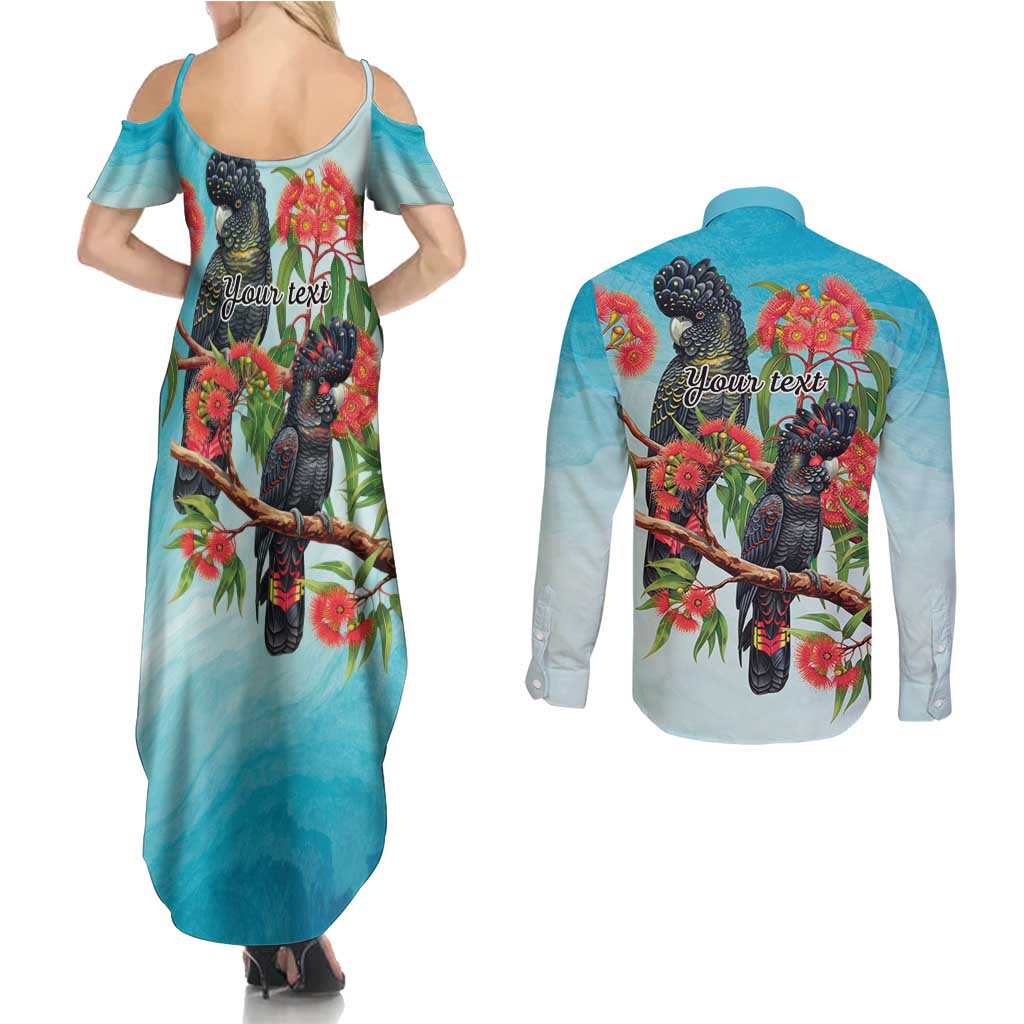 Australia Black Cockatoo and Eucalyptus Couples Matching Summer Maxi Dress and Long Sleeve Button Shirt Blue Spirit of Aussie Native Bird - Aussie Hoodie