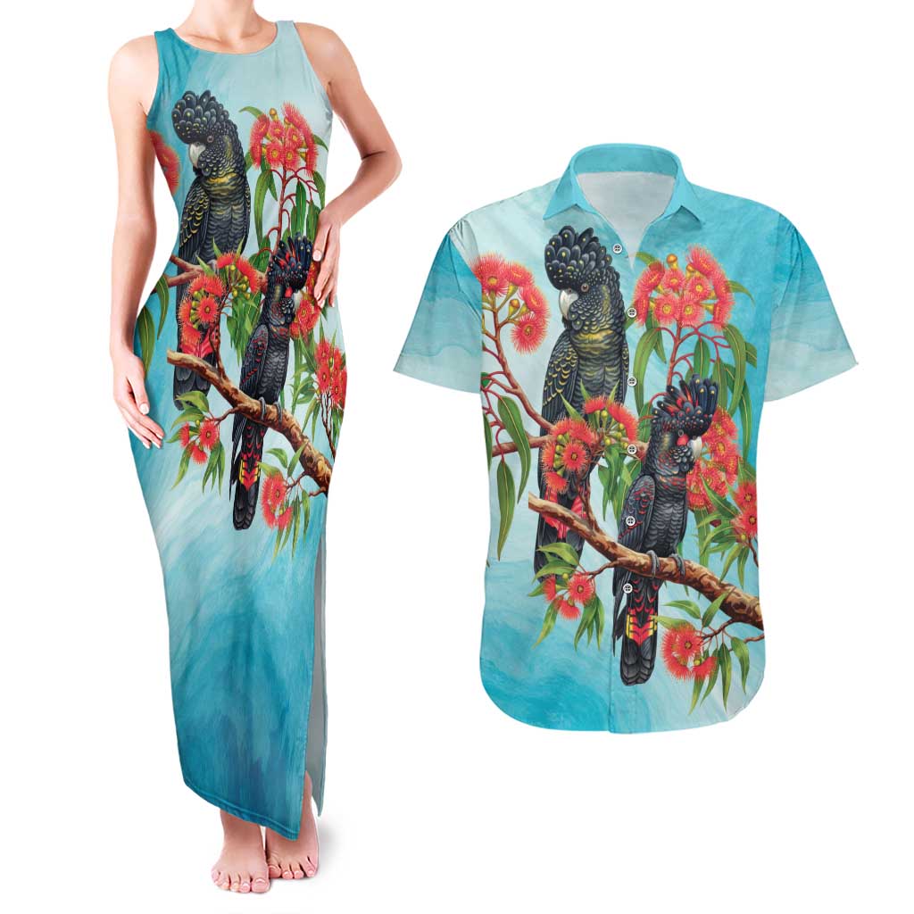 Australia Black Cockatoo and Eucalyptus Couples Matching Tank Maxi Dress and Hawaiian Shirt Blue Spirit of Aussie Native Bird - Aussie Hoodie