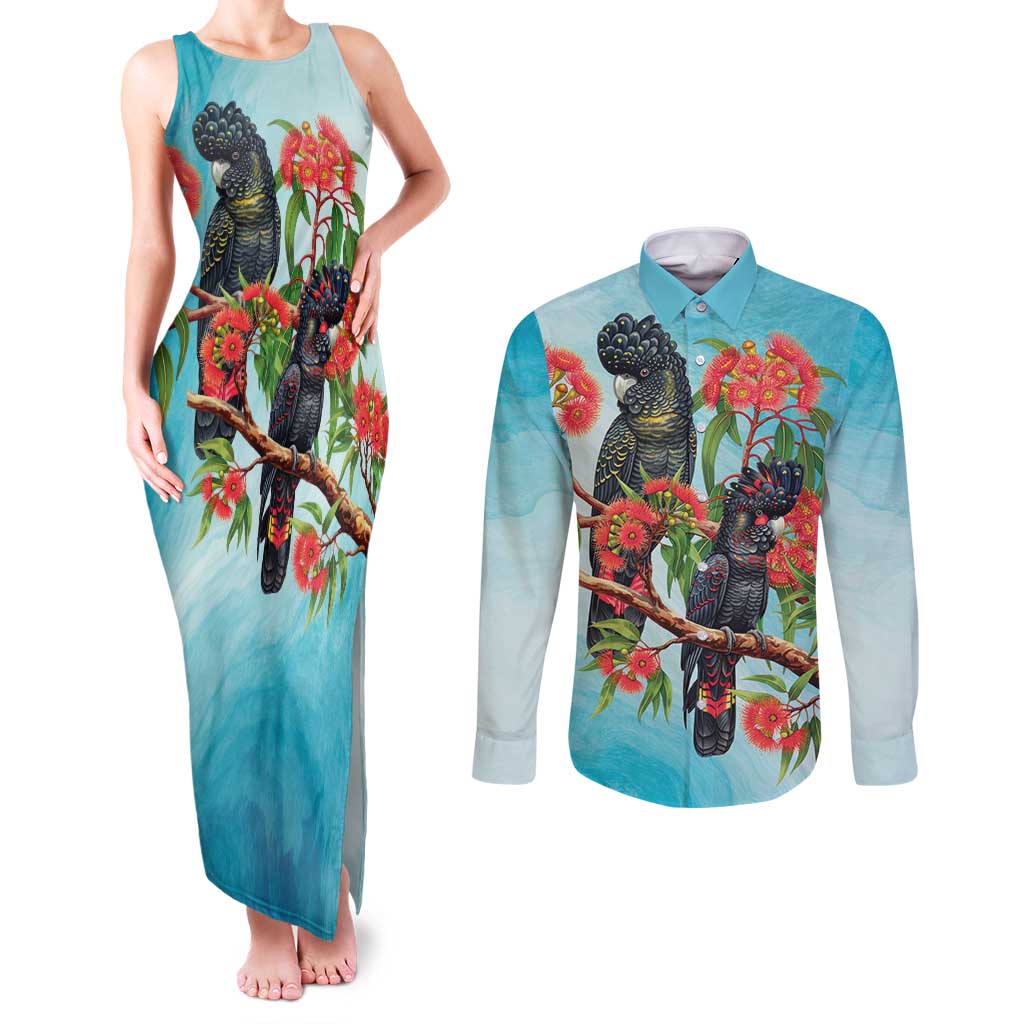 Australia Black Cockatoo and Eucalyptus Couples Matching Tank Maxi Dress and Long Sleeve Button Shirt Blue Spirit of Aussie Native Bird - Aussie Hoodie