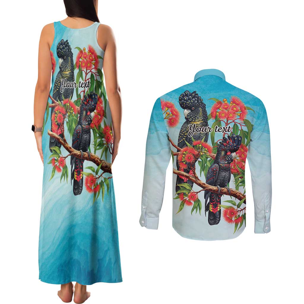 Australia Black Cockatoo and Eucalyptus Couples Matching Tank Maxi Dress and Long Sleeve Button Shirt Blue Spirit of Aussie Native Bird - Aussie Hoodie