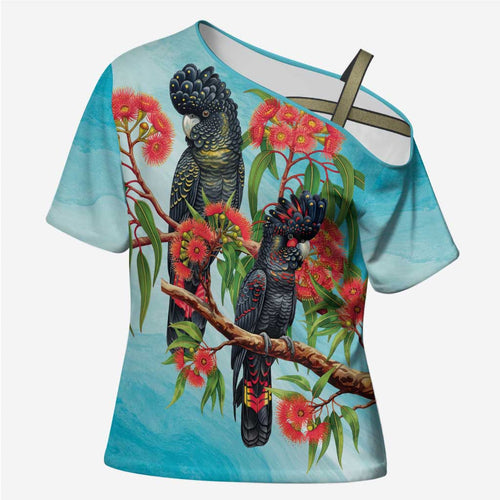 Australia Black Cockatoo and Eucalyptus Cross Shoulder Shirt Blue Spirit of Aussie Native Bird - Aussie Hoodie
