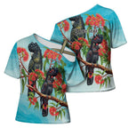 Australia Black Cockatoo and Eucalyptus Cross Shoulder Shirt Blue Spirit of Aussie Native Bird - Aussie Hoodie