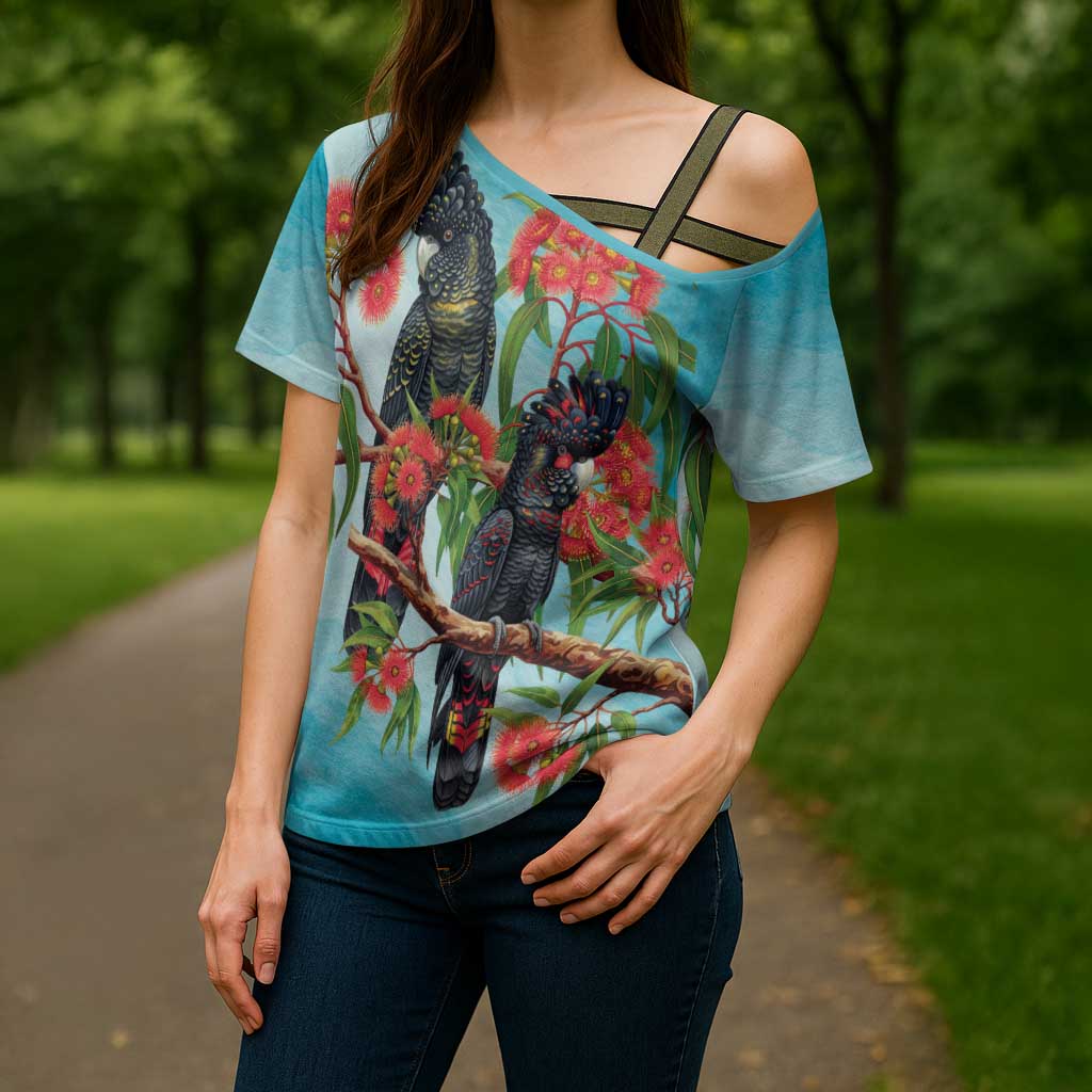 Australia Black Cockatoo and Eucalyptus Cross Shoulder Shirt Blue Spirit of Aussie Native Bird - Aussie Hoodie