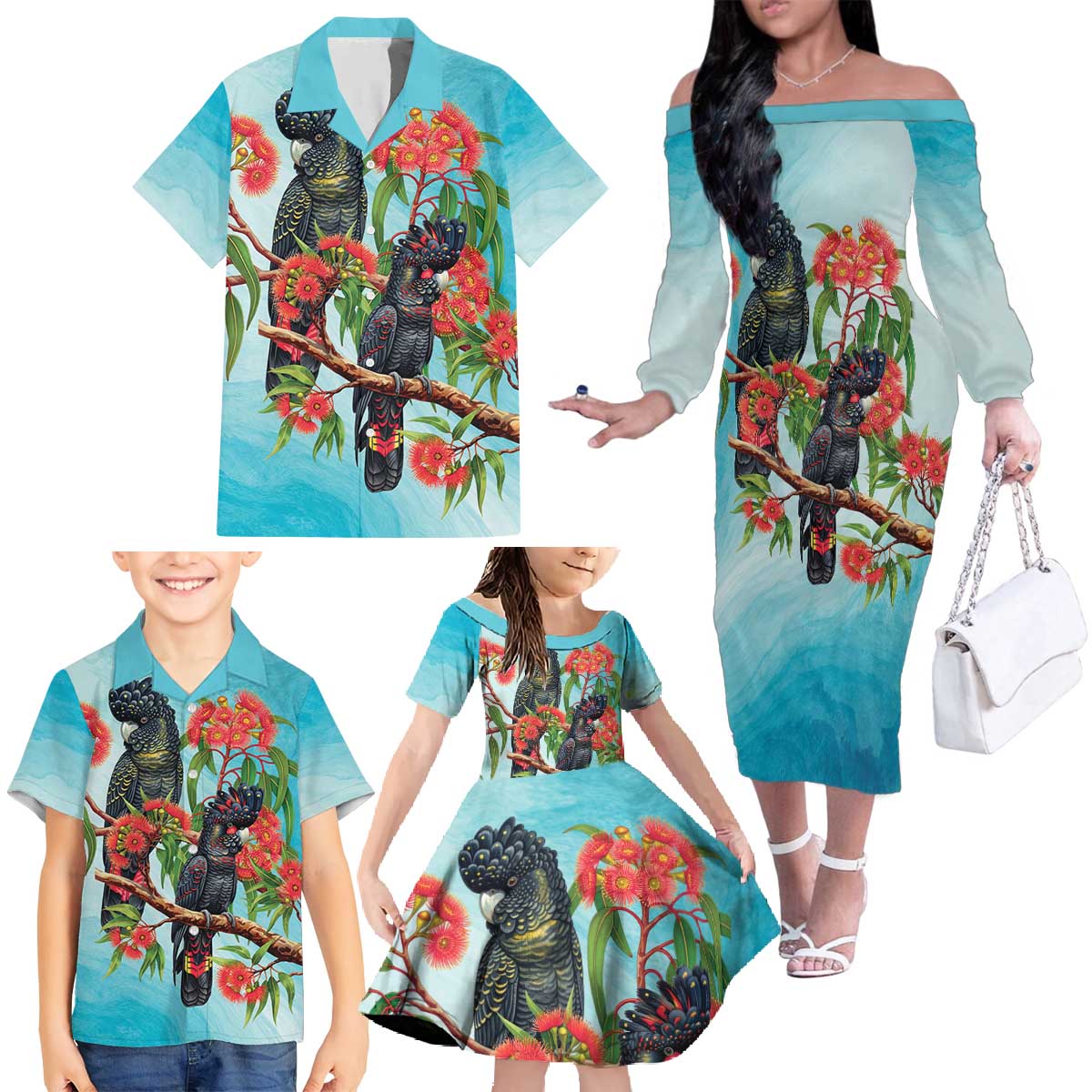 Australia Black Cockatoo and Eucalyptus Family Matching Off The Shoulder Long Sleeve Dress and Hawaiian Shirt Blue Spirit of Aussie Native Bird - Aussie Hoodie