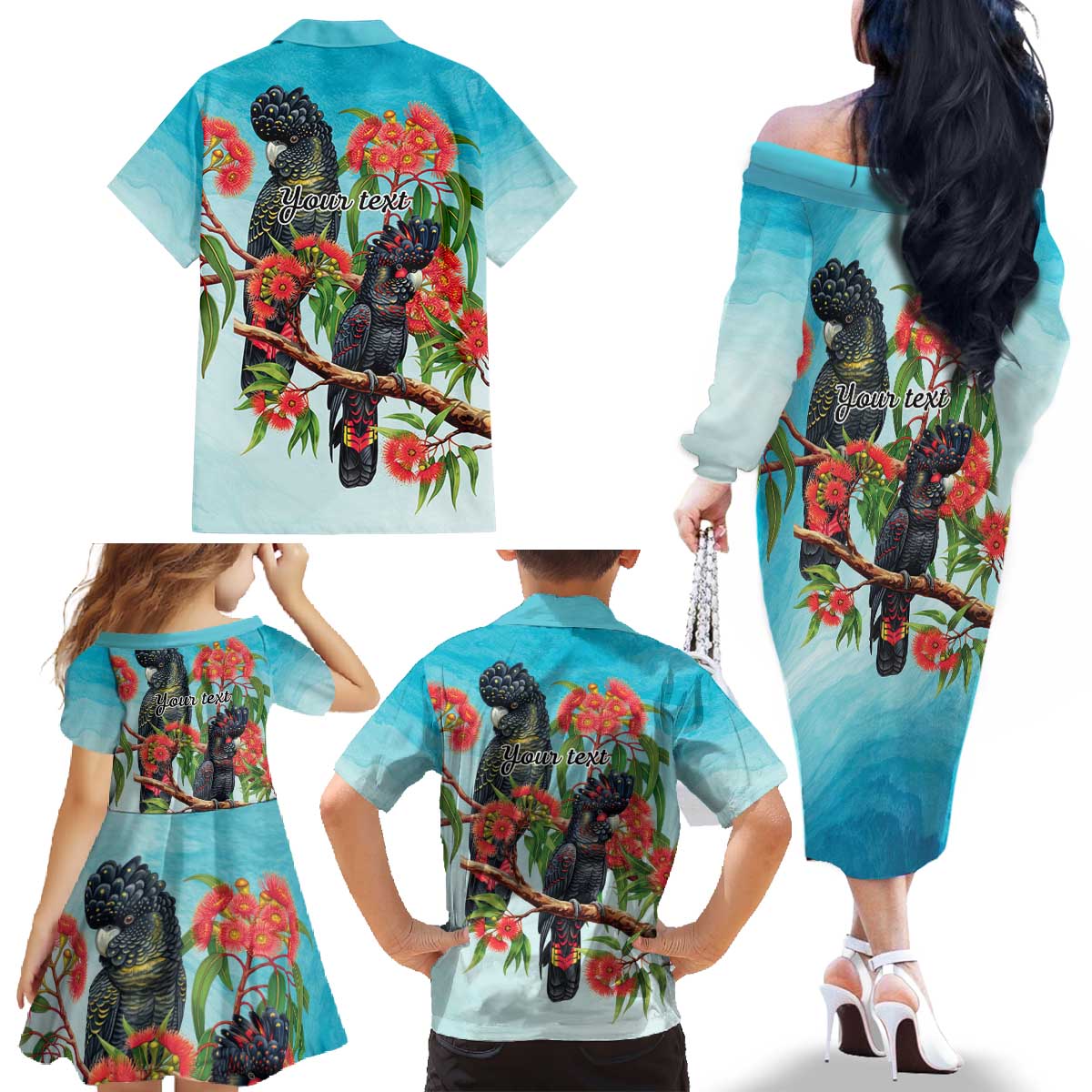 Australia Black Cockatoo and Eucalyptus Family Matching Off The Shoulder Long Sleeve Dress and Hawaiian Shirt Blue Spirit of Aussie Native Bird - Aussie Hoodie