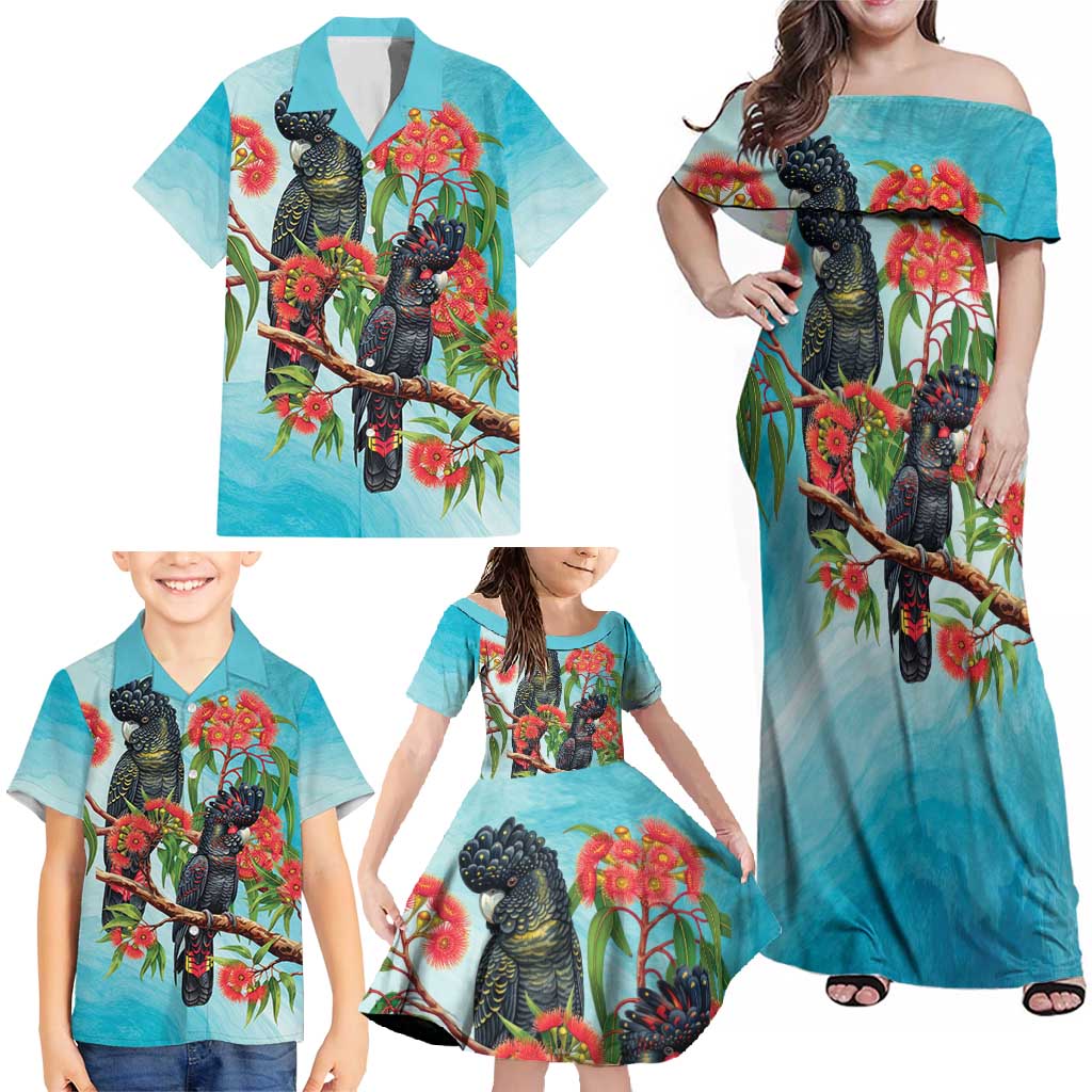 Australia Black Cockatoo and Eucalyptus Family Matching Off Shoulder Maxi Dress and Hawaiian Shirt Blue Spirit of Aussie Native Bird - Aussie Hoodie