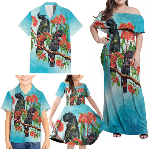 Australia Black Cockatoo and Eucalyptus Family Matching Off Shoulder Maxi Dress and Hawaiian Shirt Blue Spirit of Aussie Native Bird - Aussie Hoodie