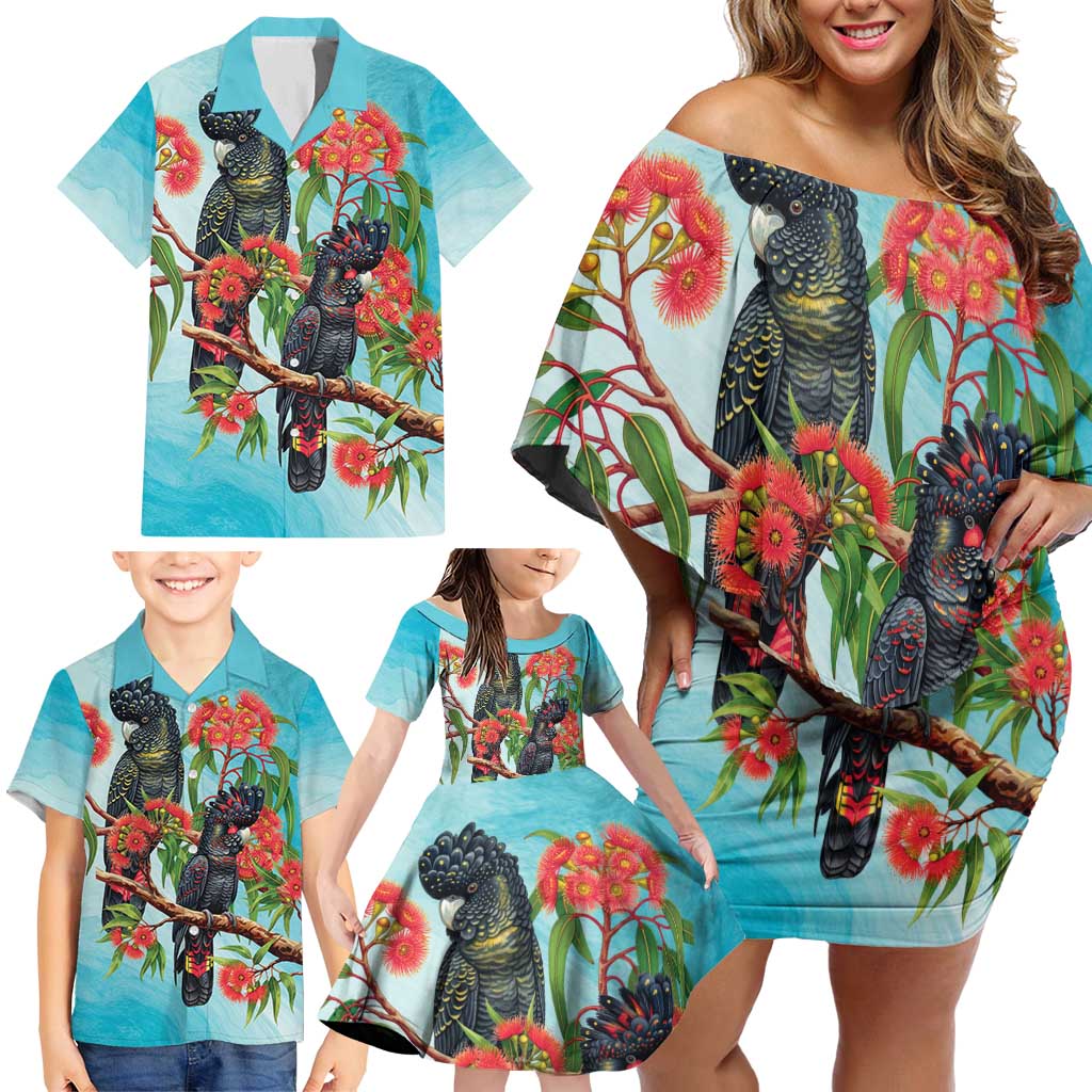 Australia Black Cockatoo and Eucalyptus Family Matching Off Shoulder Short Dress and Hawaiian Shirt Blue Spirit of Aussie Native Bird - Aussie Hoodie