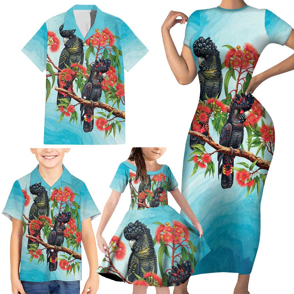 Australia Black Cockatoo and Eucalyptus Family Matching Short Sleeve Bodycon Dress and Hawaiian Shirt Blue Spirit of Aussie Native Bird - Aussie Hoodie