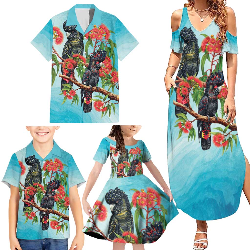 Australia Black Cockatoo and Eucalyptus Family Matching Summer Maxi Dress and Hawaiian Shirt Blue Spirit of Aussie Native Bird - Aussie Hoodie