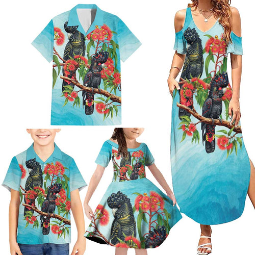 Australia Black Cockatoo and Eucalyptus Family Matching Summer Maxi Dress and Hawaiian Shirt Blue Spirit of Aussie Native Bird - Aussie Hoodie