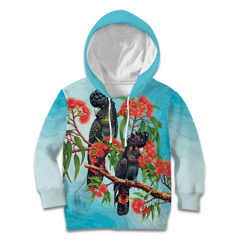 Australia Black Cockatoo and Eucalyptus Kid Hoodie Blue Spirit of Aussie Native Bird - Aussie Hoodie