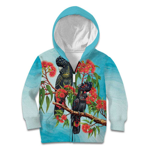 Australia Black Cockatoo and Eucalyptus Kid Hoodie Blue Spirit of Aussie Native Bird - Aussie Hoodie