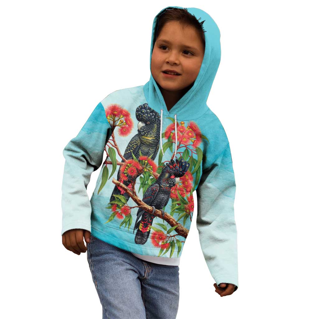 Australia Black Cockatoo and Eucalyptus Kid Hoodie Blue Spirit of Aussie Native Bird - Aussie Hoodie
