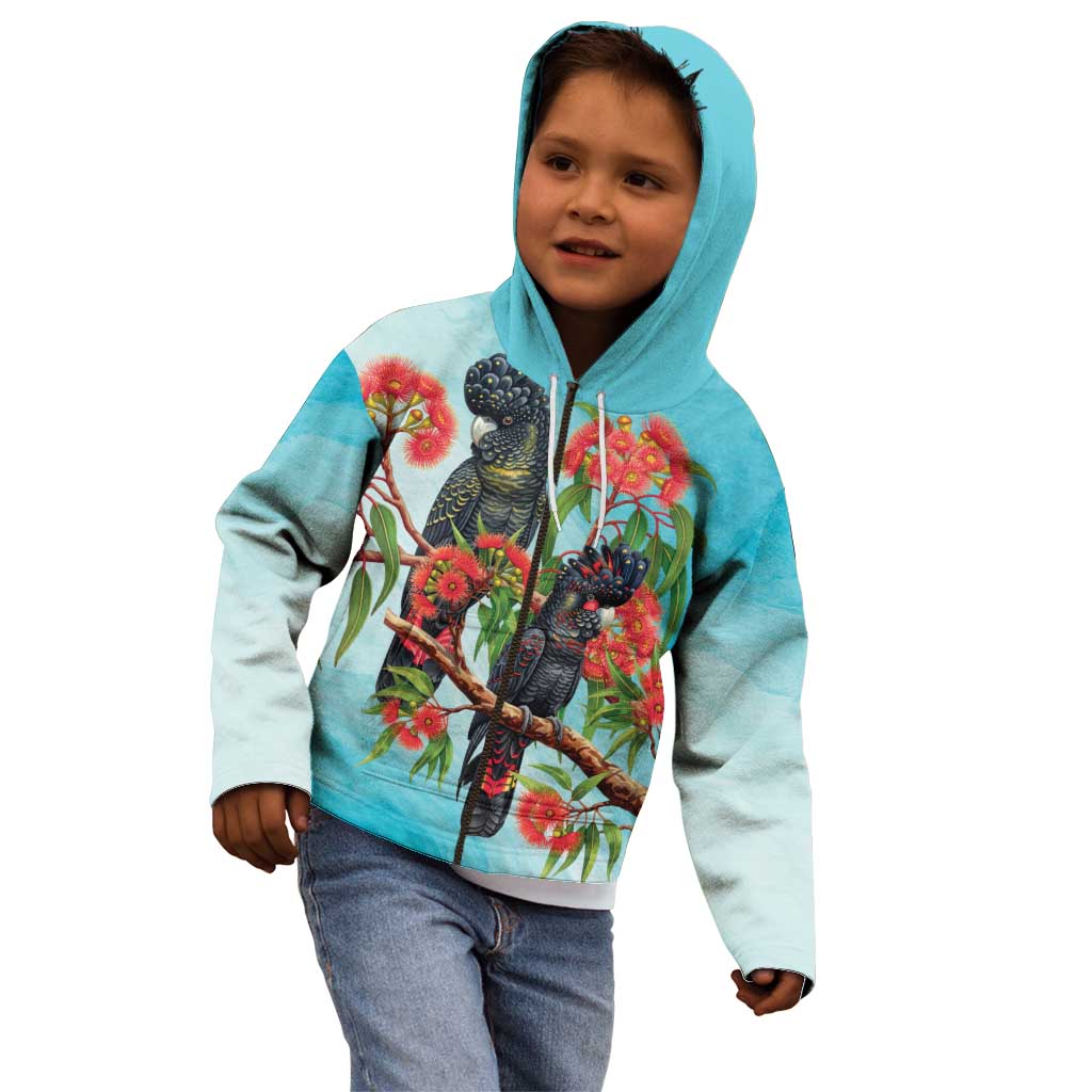 Australia Black Cockatoo and Eucalyptus Kid Hoodie Blue Spirit of Aussie Native Bird - Aussie Hoodie