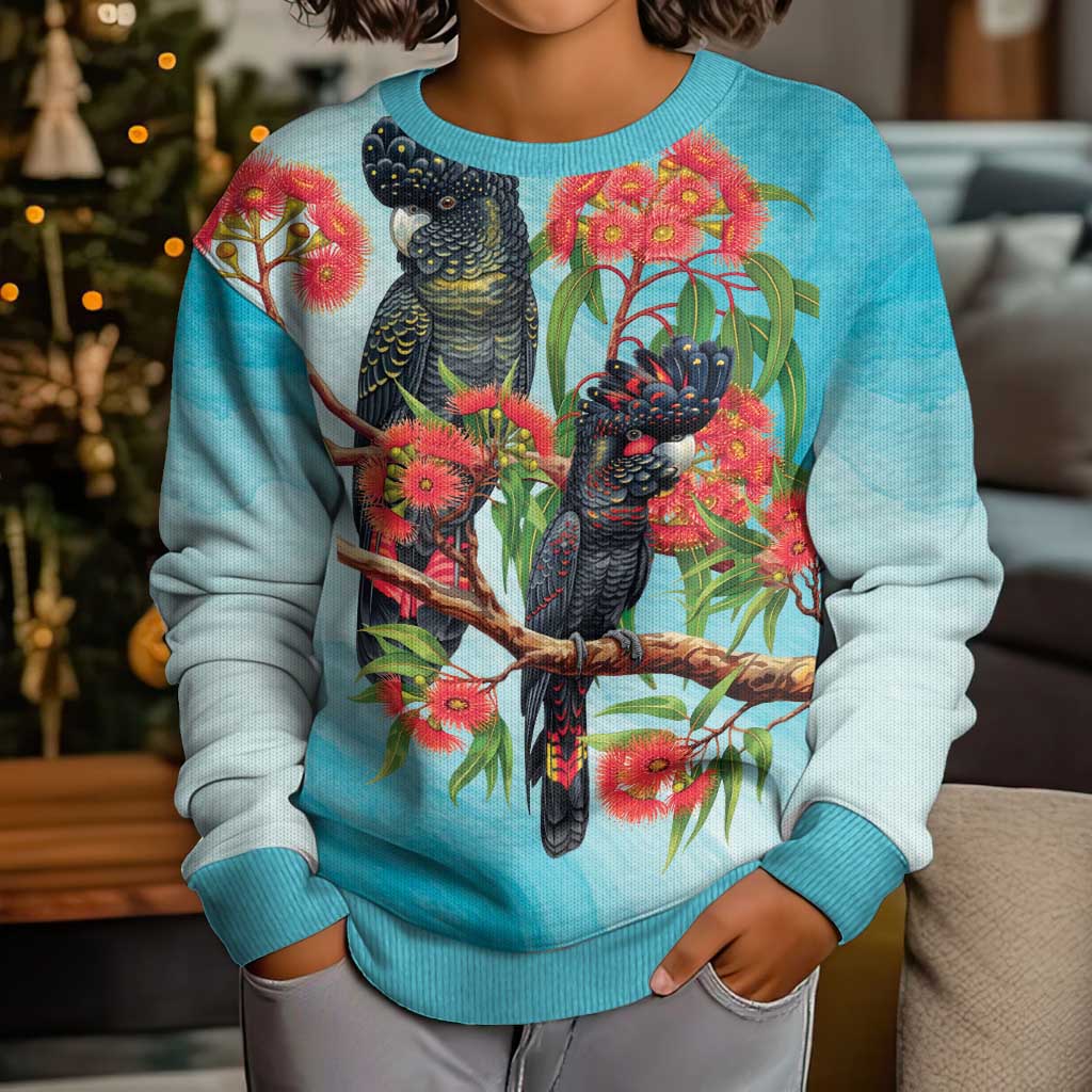 Australia Black Cockatoo and Eucalyptus Kid Ugly Christmas Sweater Blue Spirit of Aussie Native Bird - Aussie Hoodie