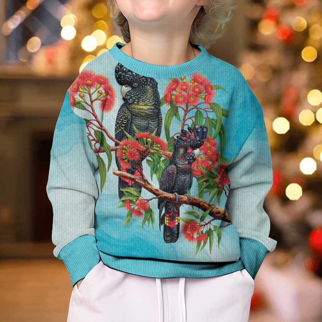 Australia Black Cockatoo and Eucalyptus Kid Ugly Christmas Sweater Blue Spirit of Aussie Native Bird - Aussie Hoodie