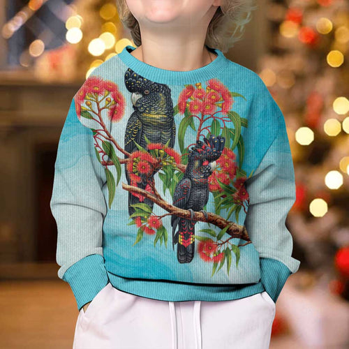 Australia Black Cockatoo and Eucalyptus Kid Ugly Christmas Sweater Blue Spirit of Aussie Native Bird - Aussie Hoodie