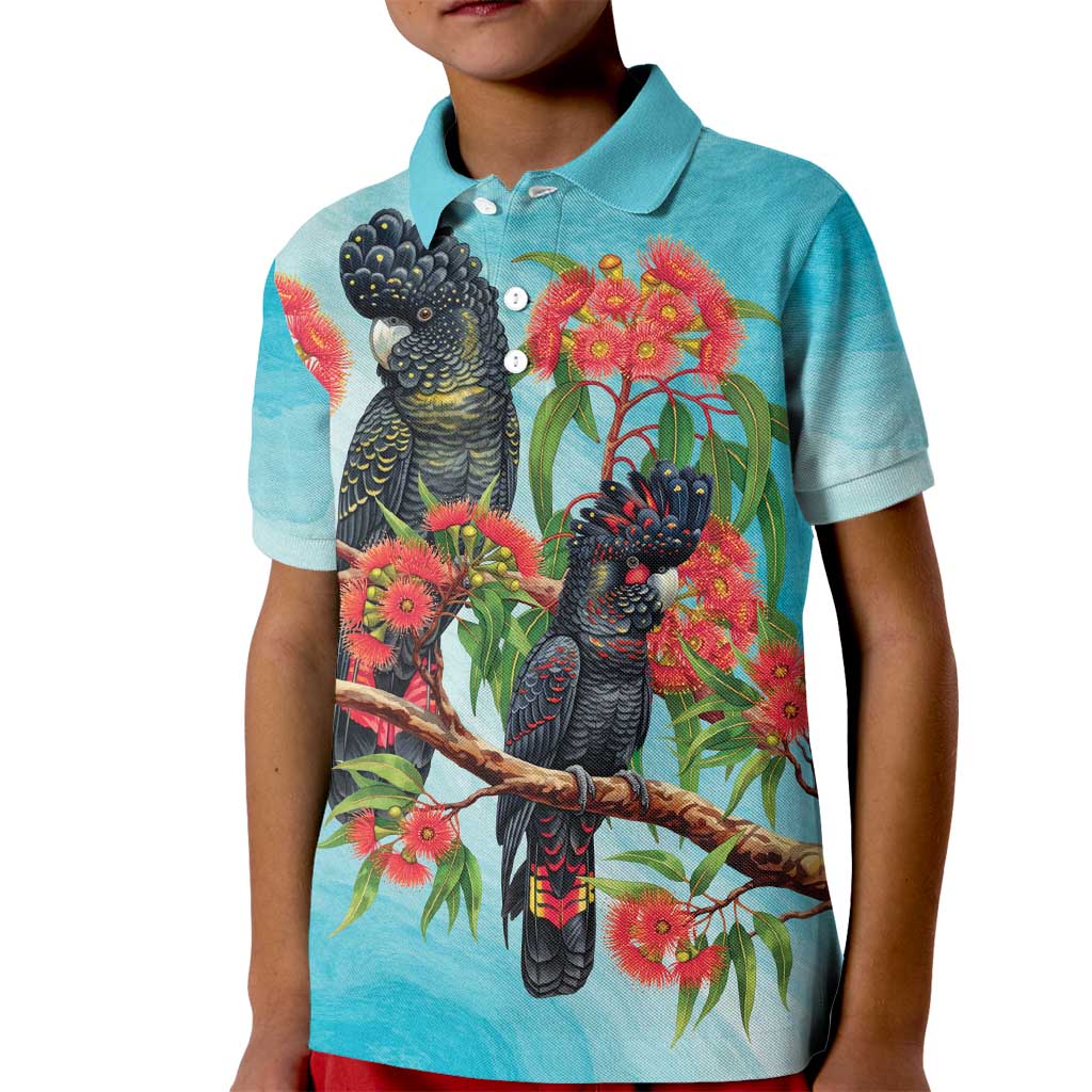 Australia Black Cockatoo and Eucalyptus Kid Polo Shirt Blue Spirit of Aussie Native Bird - Aussie Hoodie