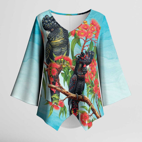 Australia Black Cockatoo and Eucalyptus Kimono Sleeve Blouse Blue Spirit of Aussie Native Bird - Aussie Hoodie