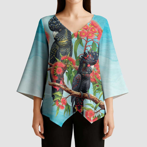 Australia Black Cockatoo and Eucalyptus Kimono Sleeve Blouse Blue Spirit of Aussie Native Bird - Aussie Hoodie
