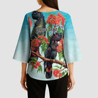 Australia Black Cockatoo and Eucalyptus Kimono Sleeve Blouse Blue Spirit of Aussie Native Bird - Aussie Hoodie