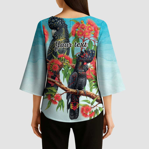 Australia Black Cockatoo and Eucalyptus Kimono Sleeve Blouse Blue Spirit of Aussie Native Bird - Aussie Hoodie