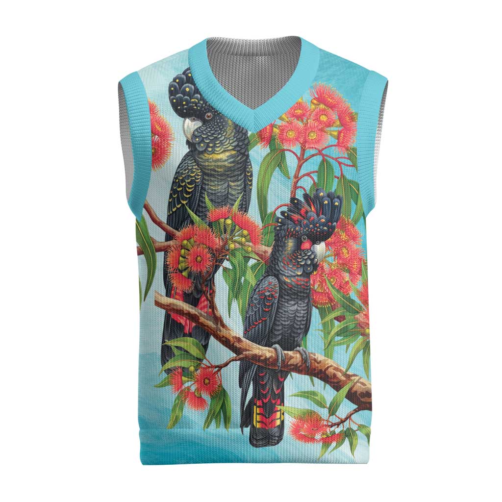 Australia Black Cockatoo and Eucalyptus Christmas Knitted V-Neck Vest Blue Spirit of Aussie Native Bird - Aussie Hoodie