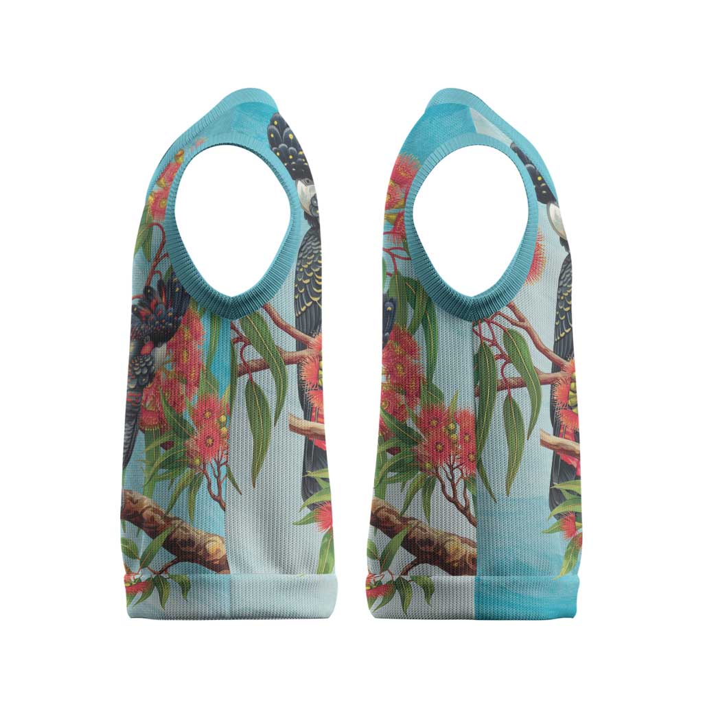 Australia Black Cockatoo and Eucalyptus Christmas Knitted V-Neck Vest Blue Spirit of Aussie Native Bird - Aussie Hoodie
