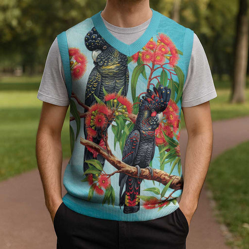 Australia Black Cockatoo and Eucalyptus Christmas Knitted V-Neck Vest Blue Spirit of Aussie Native Bird - Aussie Hoodie