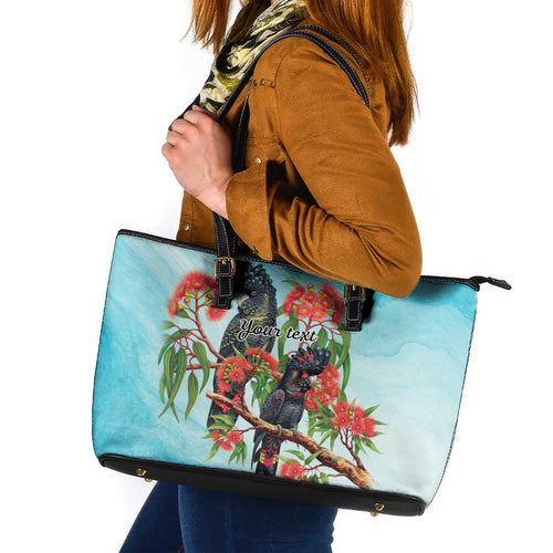 Australia Black Cockatoo and Eucalyptus Leather Tote Bag Blue Spirit of Aussie Native Bird - Aussie Hoodie