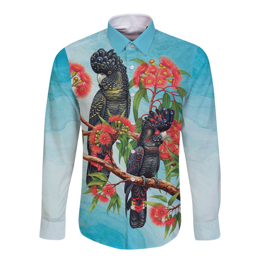 Australia Black Cockatoo and Eucalyptus Long Sleeve Button Shirt Blue Spirit of Aussie Native Bird - Aussie Hoodie