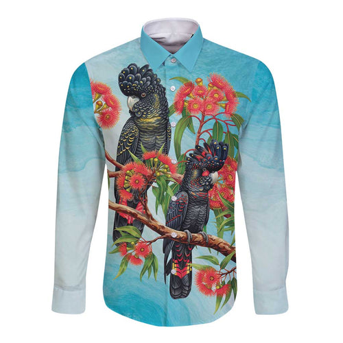 Australia Black Cockatoo and Eucalyptus Long Sleeve Button Shirt Blue Spirit of Aussie Native Bird - Aussie Hoodie