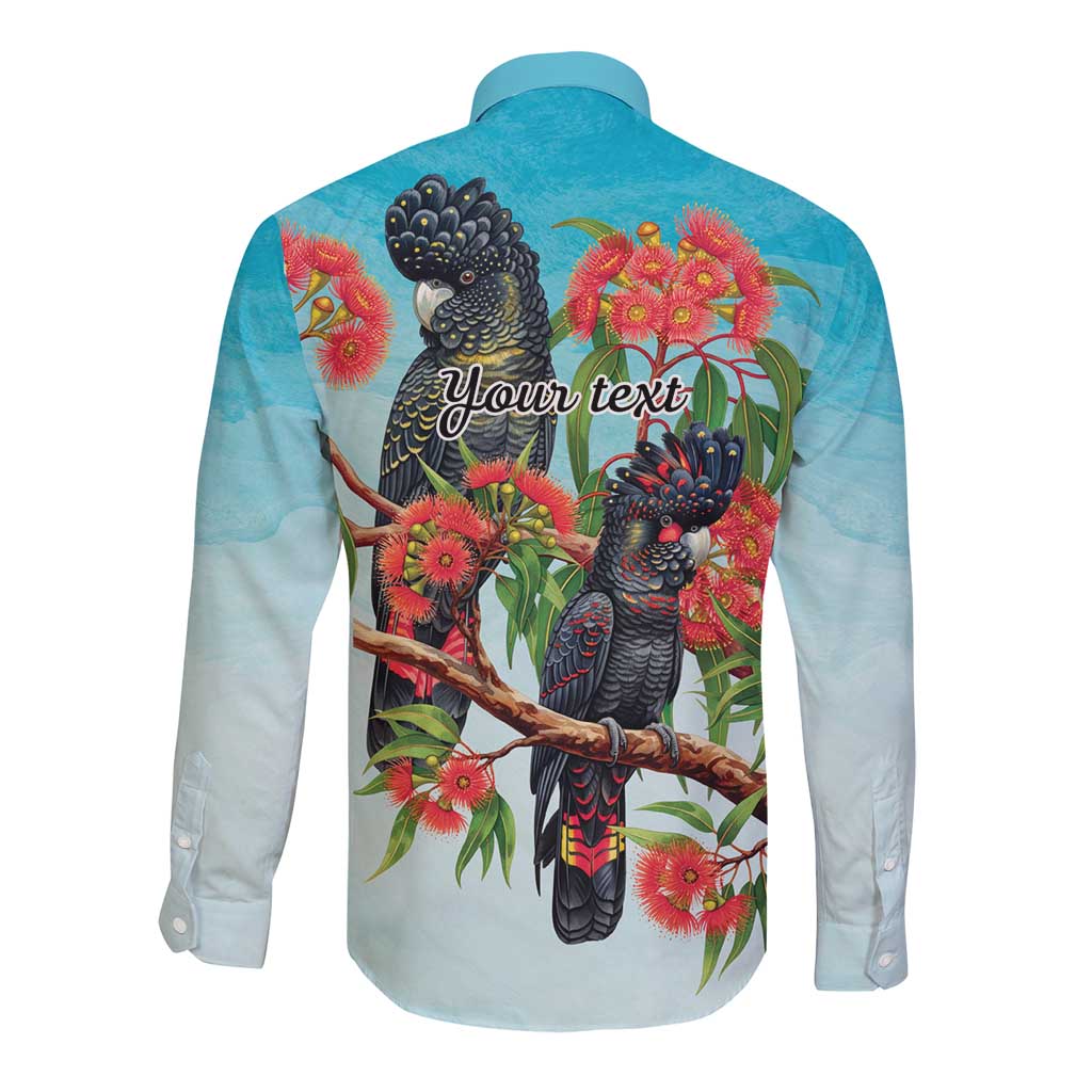 Australia Black Cockatoo and Eucalyptus Long Sleeve Button Shirt Blue Spirit of Aussie Native Bird - Aussie Hoodie