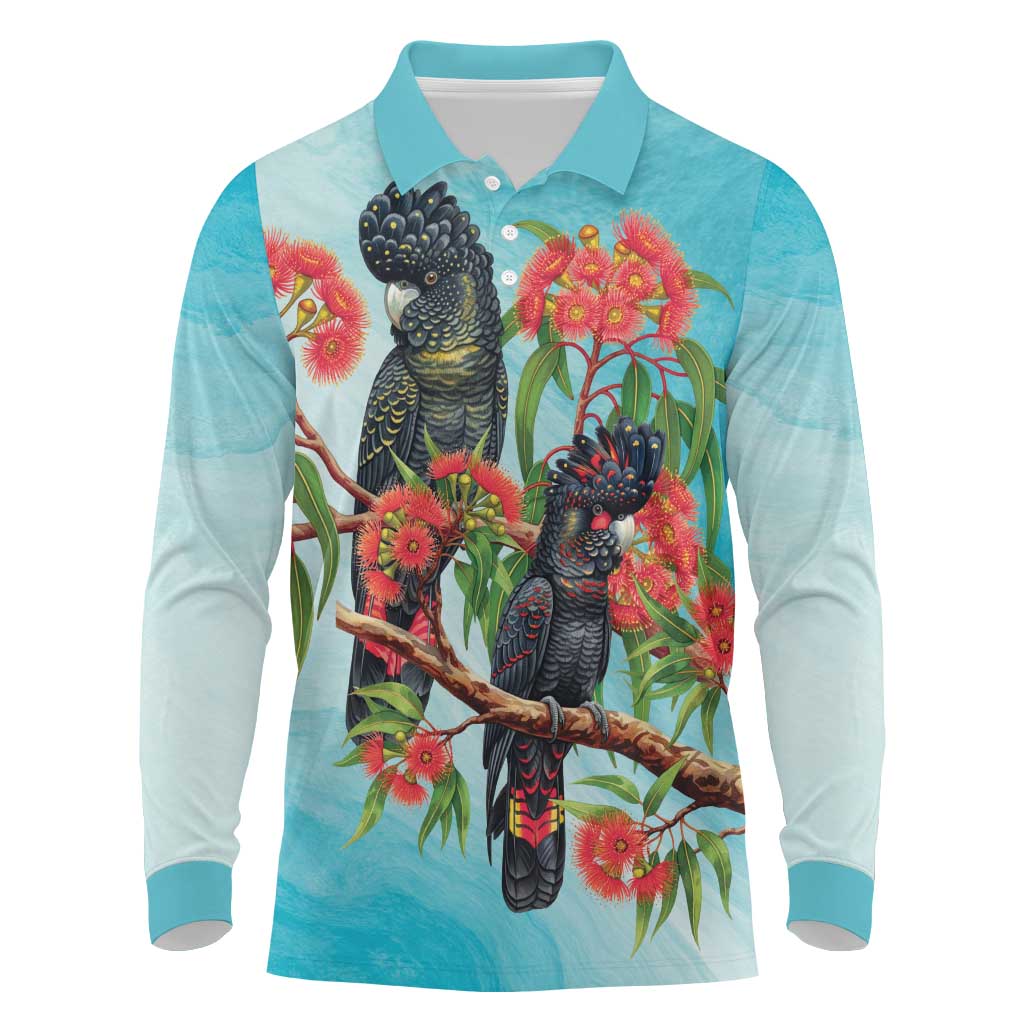 Australia Black Cockatoo and Eucalyptus Long Sleeve Polo Shirt Blue Spirit of Aussie Native Bird - Aussie Hoodie