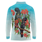 Australia Black Cockatoo and Eucalyptus Long Sleeve Polo Shirt Blue Spirit of Aussie Native Bird - Aussie Hoodie