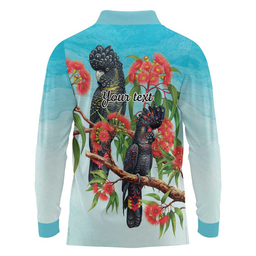 Australia Black Cockatoo and Eucalyptus Long Sleeve Polo Shirt Blue Spirit of Aussie Native Bird - Aussie Hoodie