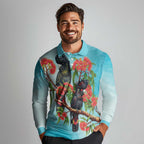 Australia Black Cockatoo and Eucalyptus Long Sleeve Polo Shirt Blue Spirit of Aussie Native Bird - Aussie Hoodie